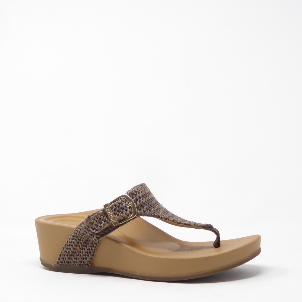 Aetrex Women Sandals Brown Kate Woven Thong Wedge 7.5-8